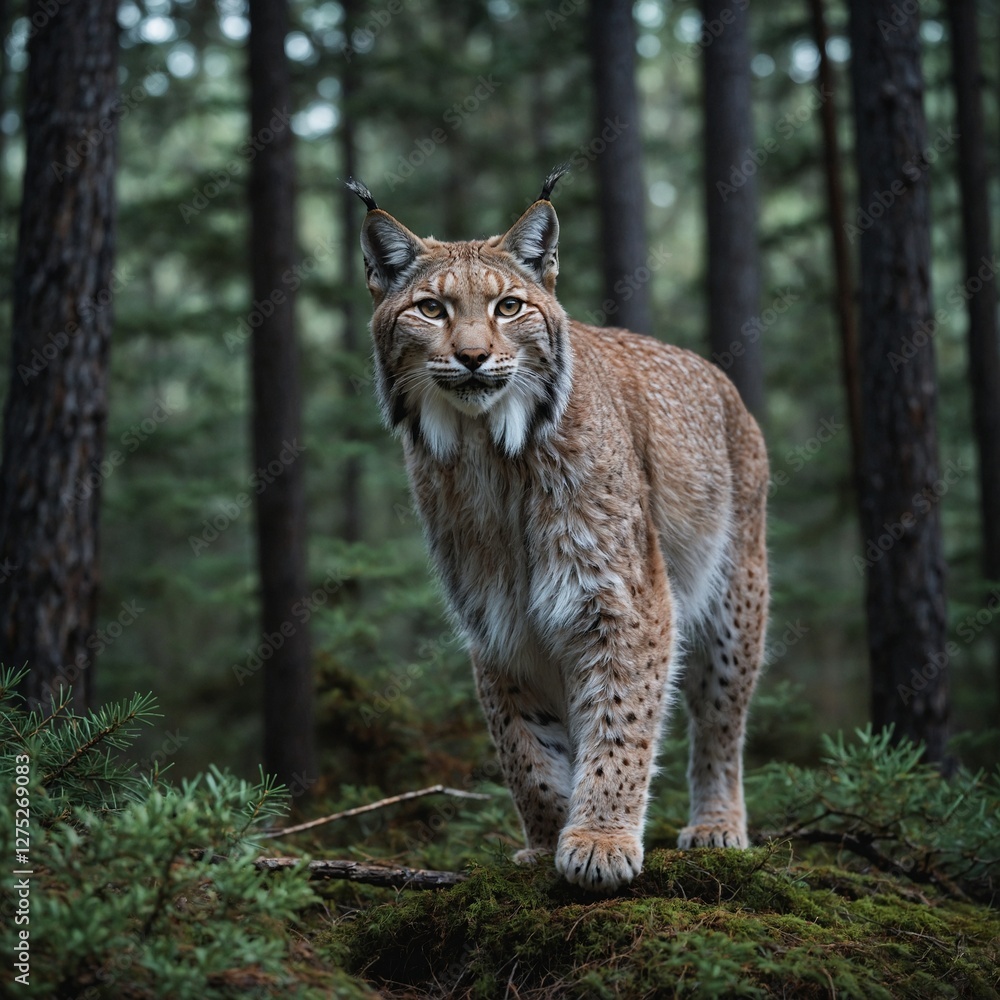Fototapeta premium A lynx gracefully moving through a dense pine forest.