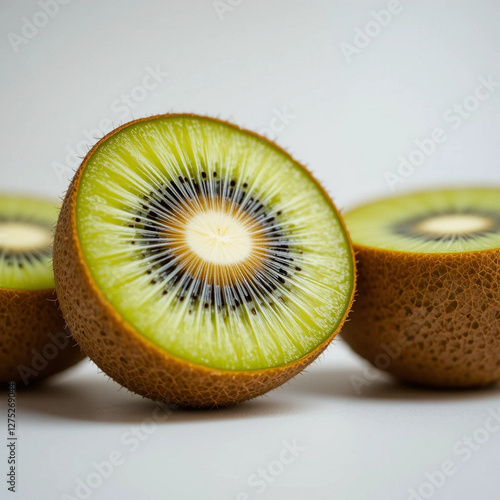 Macro shot of a vibrant kiwi, showcasing exquisite texture, crisp detail, and freshness against a pure white backdrop
