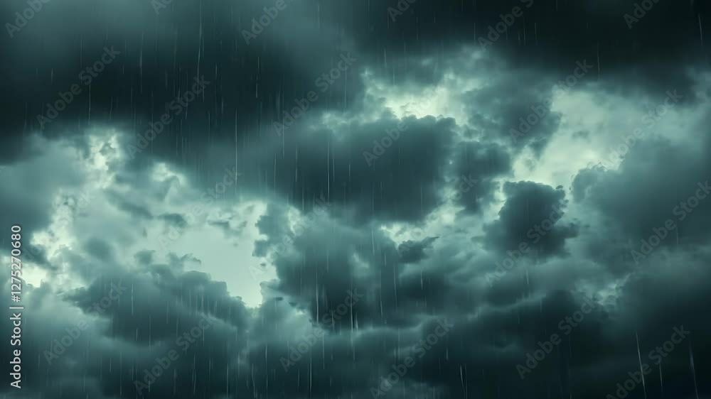 Dark storm clouds gather overhead as heavy rainfall begins in the late afternoon sky, Dramatic dark storm clouds and heavy rainfall, Dark storm clouds gather overhead as heavy rainfall begins in the late afternoon sky, Dramatic dark storm clouds and heavy rainfall,