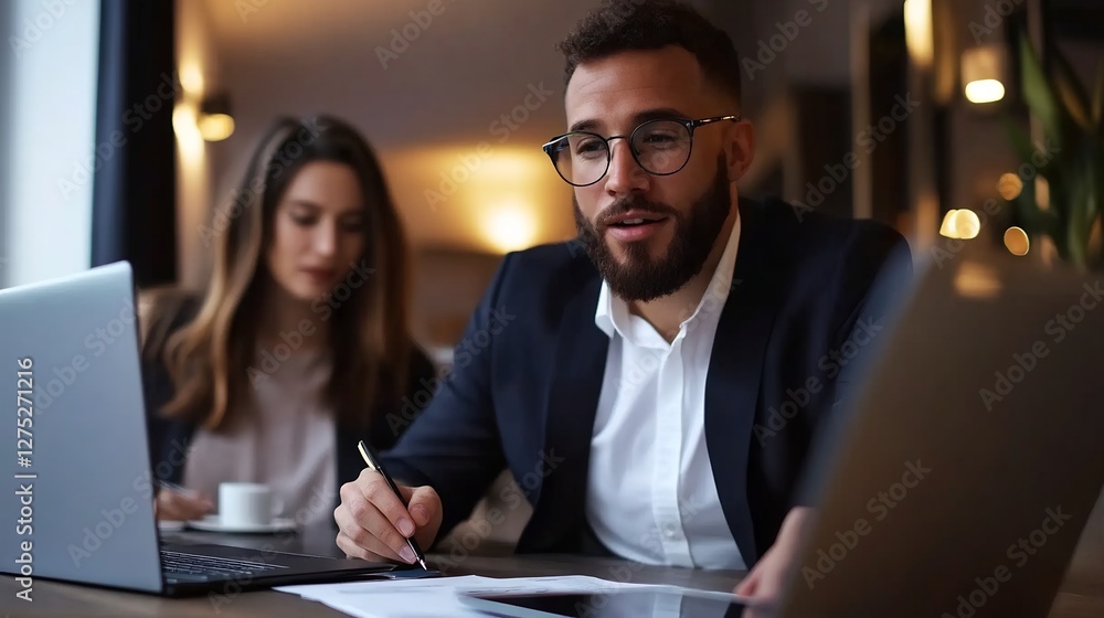 Focused Business Team Collaborating on Financial Report Focused Business Team Collaborating on Financial Report