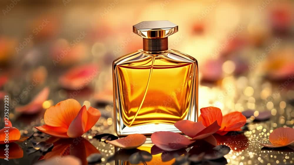 Elegant perfume bottle surrounded by colorful flower petals. Elegant perfume bottle surrounded by colorful flower petals.