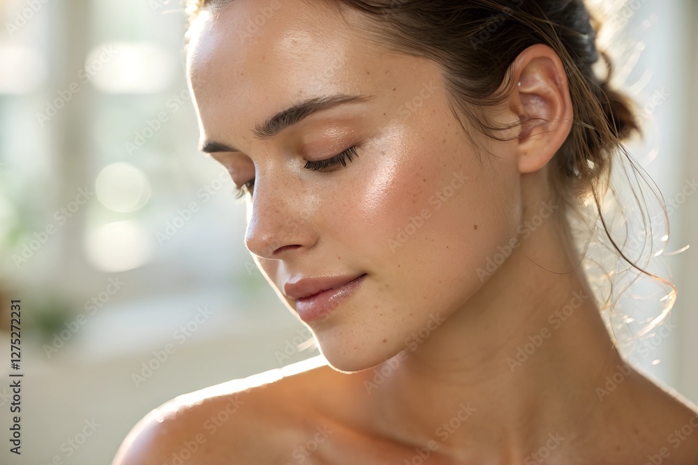 Naklejka premium A close-up portrait with a soft-focus effect, capturing youthful, luminous skin with a radiant glow.