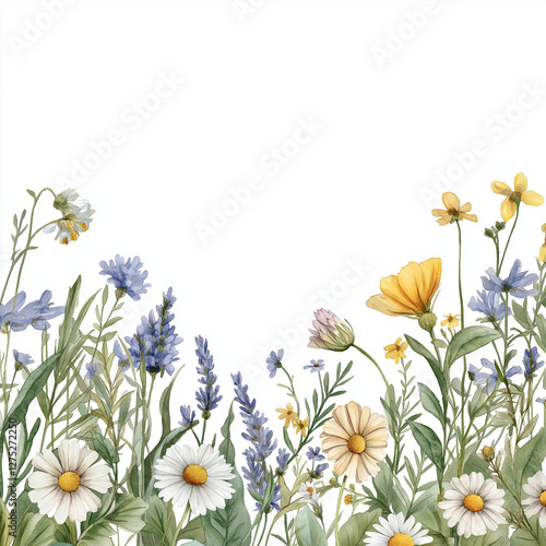 Wildflower Meadow Border with Delicate Botanical Elements on White Background