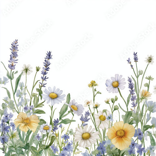 Wildflower Meadow Border with Delicate Botanical Elements on White Background
