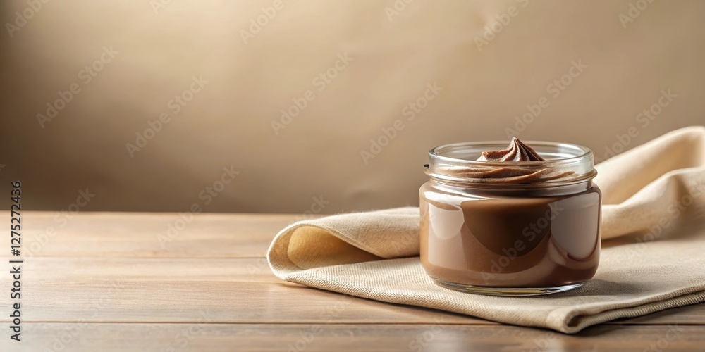 Obraz premium A delectable chocolate spread, artistically swirled, sits in a clear glass jar atop a rustic wooden surface, partially draped with a neutral-toned fabric, ready for indulgence.