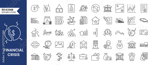 Financial Crisis icon set in line style. crisis, risk, strategy, calculating, bankruptcy, finance and more. Vector illustration