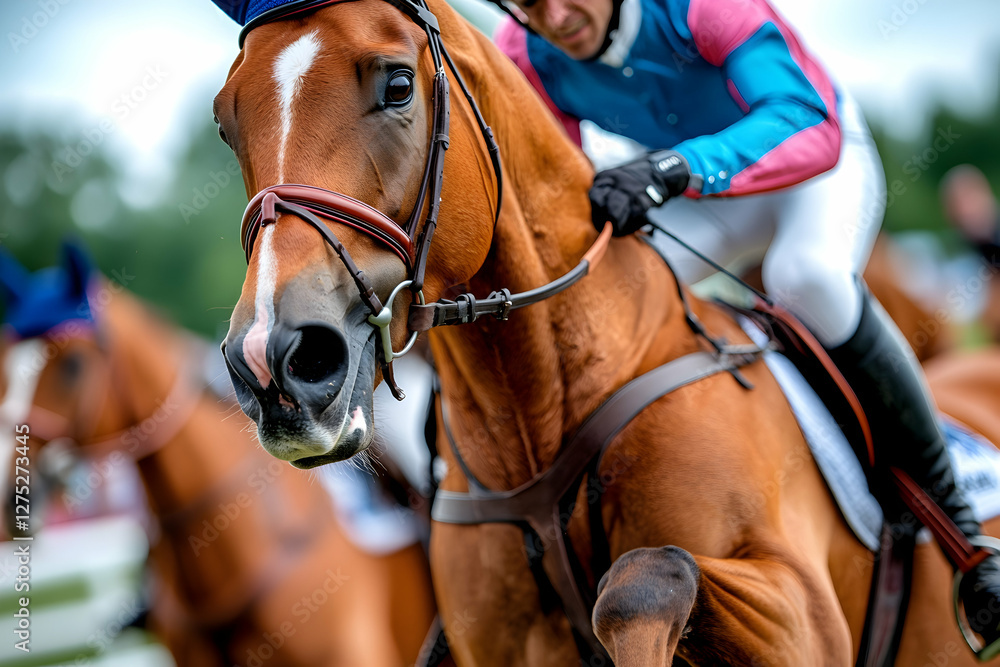 Obraz premium Horse race, jockey riding, close-up, blurred background, sports action