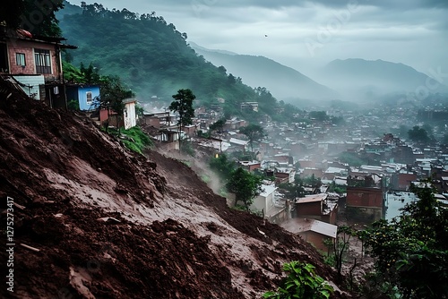 Landslide destroying houses in mountainous region