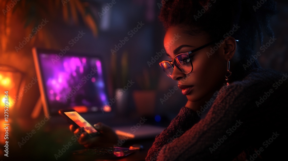 Focused woman with glasses using smartphone in modern office setting Focused woman with glasses using smartphone in modern office setting