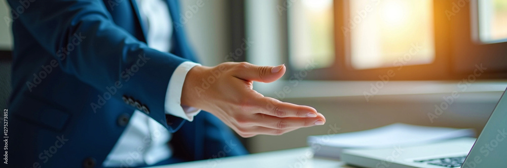 A businessman extending his hand for a handshake, symbolizing partnership, agreement, a deal and teamwork A businessman extending his hand for a handshake, symbolizing partnership, agreement, a deal and teamwork