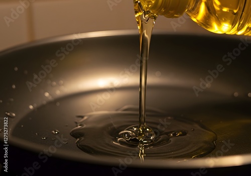 Cooking Oil Pouring from Bottle into Stainless Steel Frying Pan for Meal Preparation