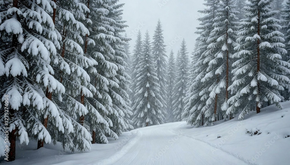 Naklejka premium Snowy forest with tall pines and dirt road