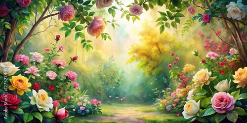 A Serene Garden Path Enveloped by Vibrant Blossoms and Lush Greenery, Illuminated by a Soft Golden Light