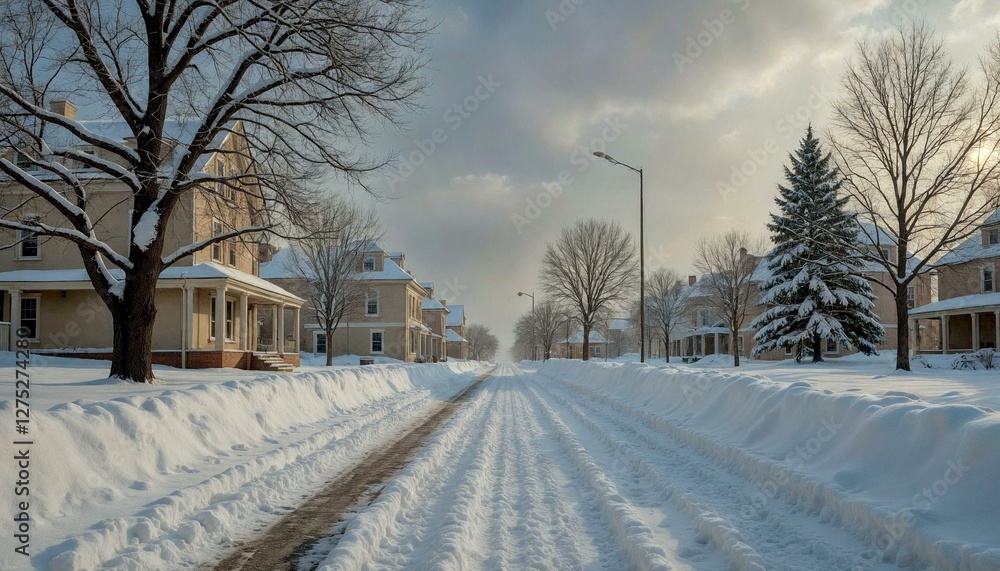 Snowy suburban street with houses and trees Snowy suburban street with houses and trees