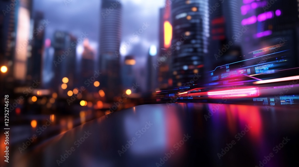 Obraz premium Futuristic City Nightscape, Blurry Skyscrapers and Neon Lights
