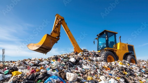 Urban land pollution threatens sustainability. Excavator working on a large pile of waste at a landfill site.