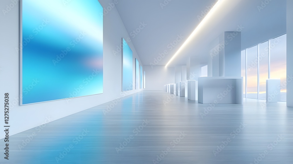 Fototapeta premium Spacious and Elegant Contemporary Art Gallery with Subtle Lighting and Modern Decor Showcasing Abstract Justice Inspired Masterpieces Creating a Reflective and Serene Atmosphere
