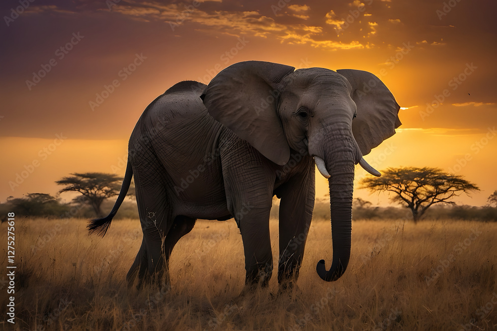 Obraz premium A majestic giant elephant stands tall against a breathtaking sunset, its massive silhouette outlined by the warm hues of the golden sky