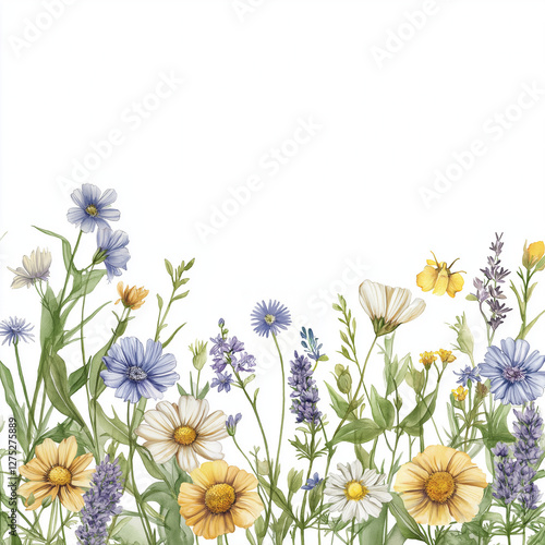 Wildflower Meadow Border with Delicate Botanical Elements on White Background