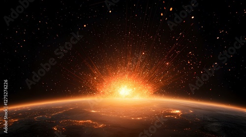 A fiery meteor impact explodes on a planet's surface, sending glowing debris into space.