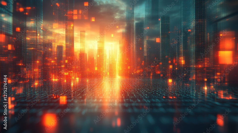 Fototapeta premium Futuristic Cityscape with Data Streams and Glowing Lights at Sunset