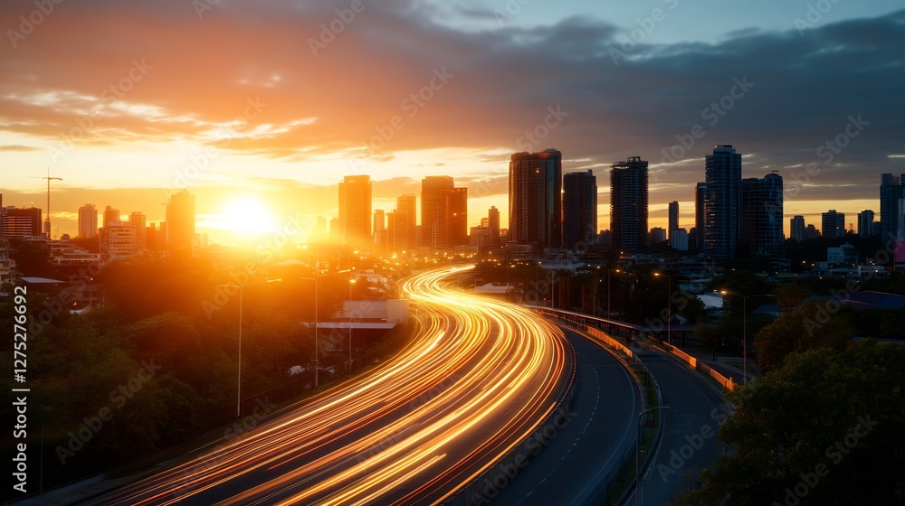 Fototapeta premium Golden hour cityscape with illuminated traffic trails through the modern metropolis