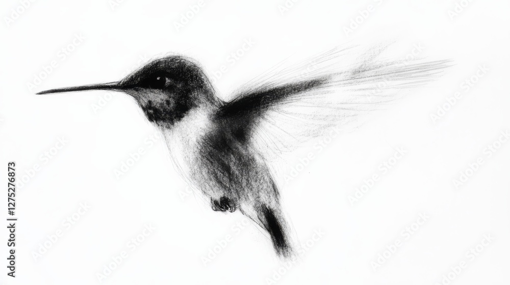 Fototapeta premium Hummingbird in flight, a detailed pencil drawing with soft shading on a white background.