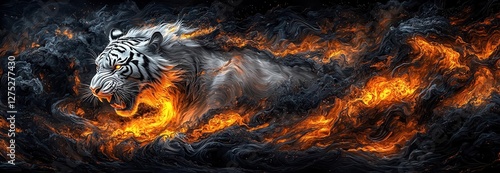 A fierce tiger bursts through a whirlwind of flames, showcasing strength and power in a captivating and dramatic scene, perfect for wildlife enthusiasts. Copy space