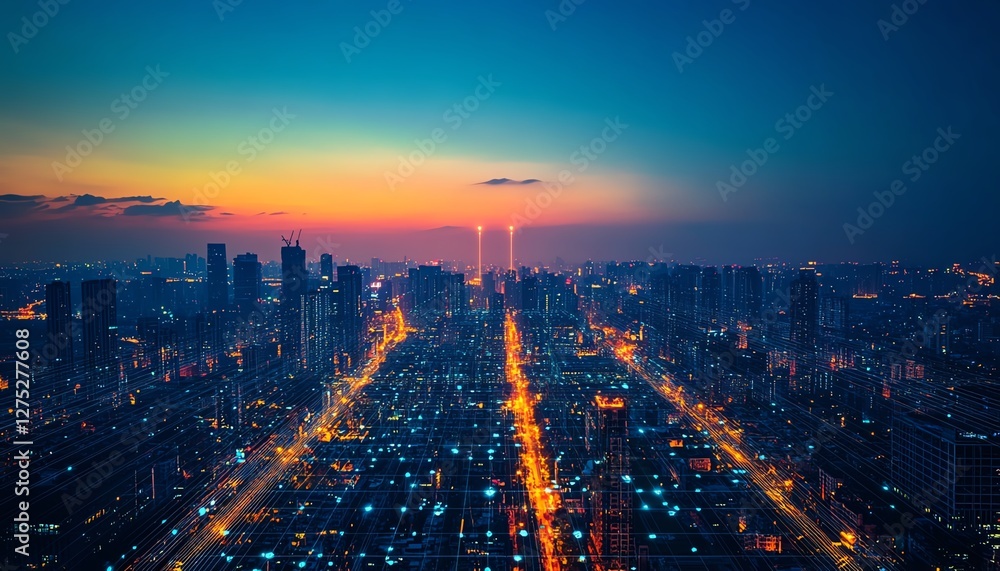 A modern urban landscape where smart sensors collect data and send it through glowing digital lines, transforming the city into a connected, efficient space A modern urban landscape where smart sensors collect data and send it through glowing digital lines, transforming the city into a connected, efficient space