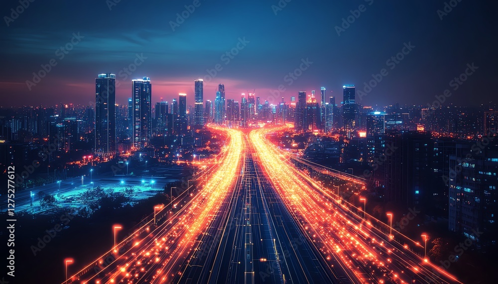 Fototapeta premium A modern urban landscape where smart sensors collect data and send it through glowing digital lines, transforming the city into a connected, efficient space