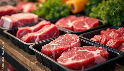 Fresh cuts of beef in black trays on wooden display. Premium meat quality. Raw red meat showcases protein selection at butcher shop, supermarket for retail consumerism.
