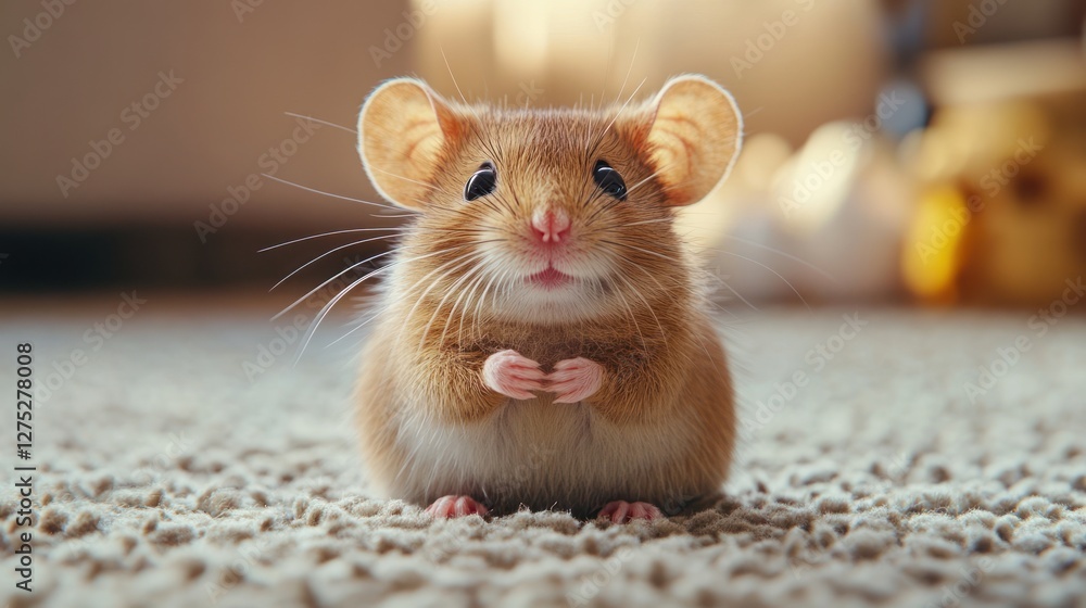 Fototapeta premium Cute mouse sitting carpet, home, sunlit background, pet