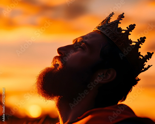 King contemplates sunset, leadership, hope, fiery sky photo