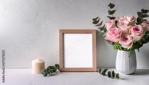 Rustic Photo Frame Showcasing Bouquet of Pink Roses and Eucalyptus on Minimalist White Wall Backdrop, Adding a Touch of Natures Elegance and Simplicity to Modern Interiors.