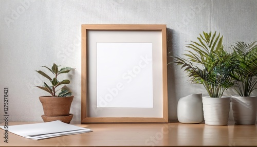 Vintage Photo Frame Mockup Against a Minimalist White Wall in Living Room Scene, Accented with a Blooming Flower Pot and Stacked Paper on Rustic Wooden Table, Capturing a Tranquil