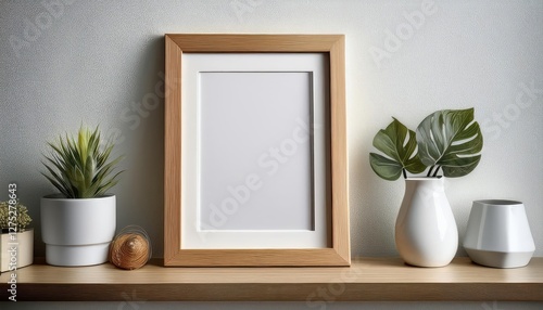 Realistic Photo Frame Mockup on Ikeastyle Shelf, Illuminated by Warm Ambiance and Subtle Elegance, Perfect for Digital Art, Home Decor, or Design Inspiration.