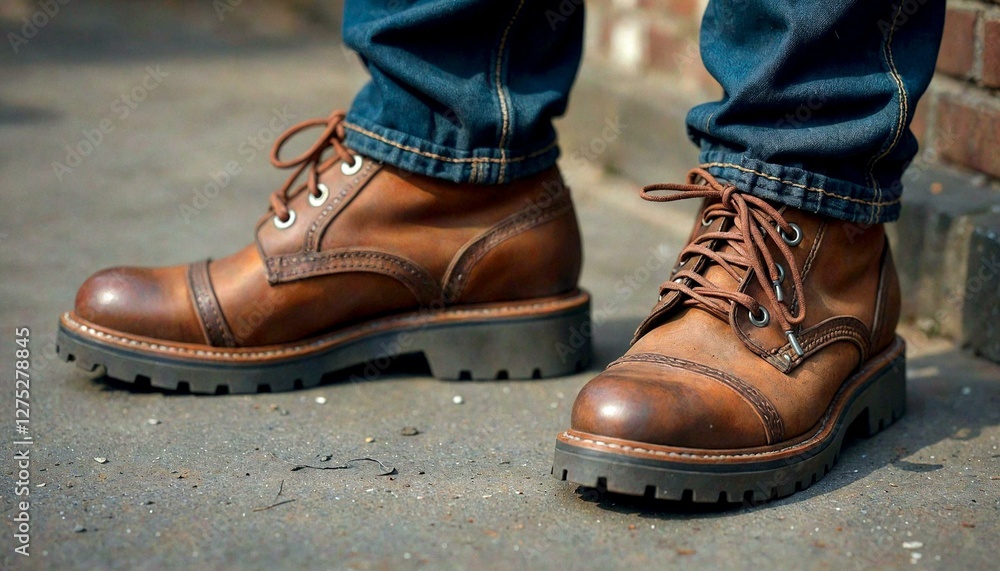 Close-up brown boots and jeans on street Close-up brown boots and jeans on street