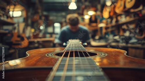 Guitar repair shop Craftsman fixing acoustic guitar