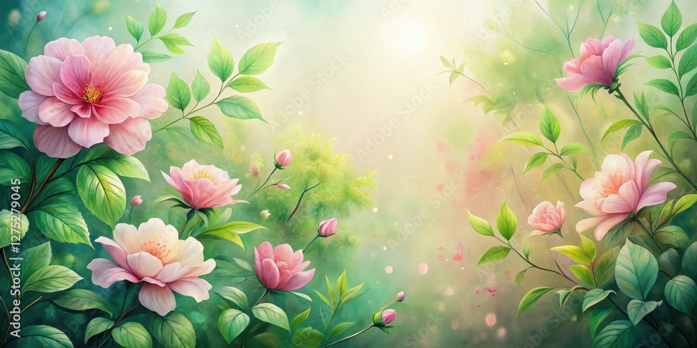 Obraz premium A Serene Garden Delicate Pink Blossoms and Lush Greenery in a Soft, Dreamlike Setting