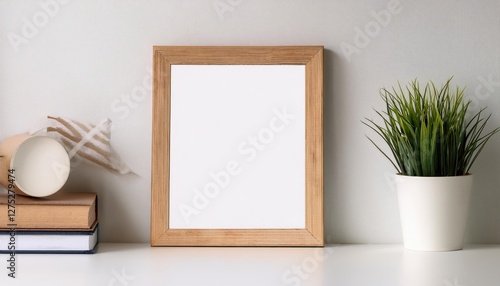 Pristine White Pine Wooden Frame Mockup with Blank Canvas at a Minimalist White Desk Timeless Elegance and Versatility for Future Dates in a Clean and Spacious Setting
