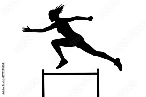 Woman jumping and running over hurdles Silhouette on white background