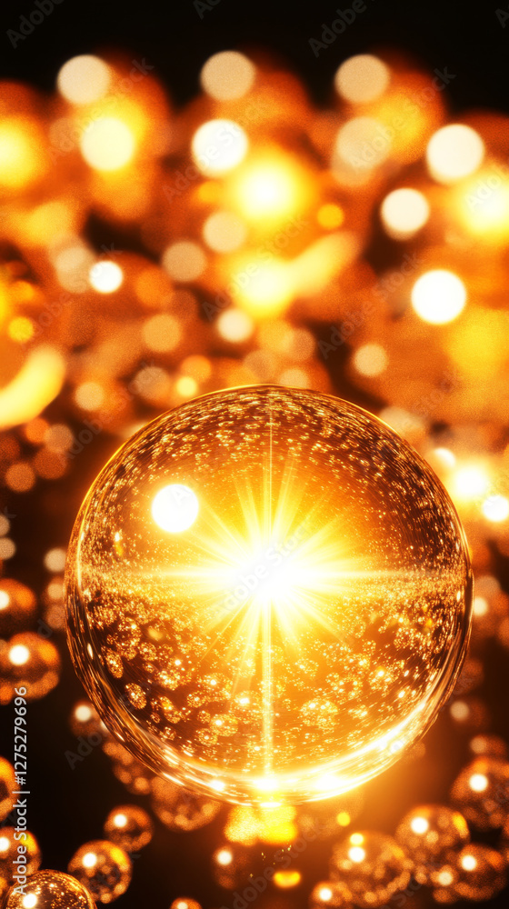 Bright golden orbs with sparkling reflections and light Bright golden orbs with sparkling reflections and light