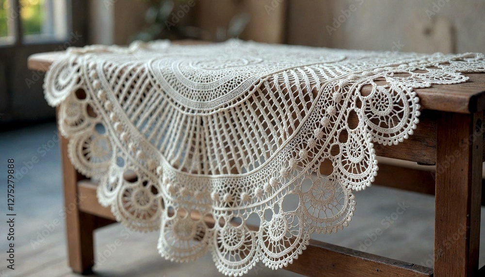 Obraz premium Wooden table with crocheted lace tablecloth indoors