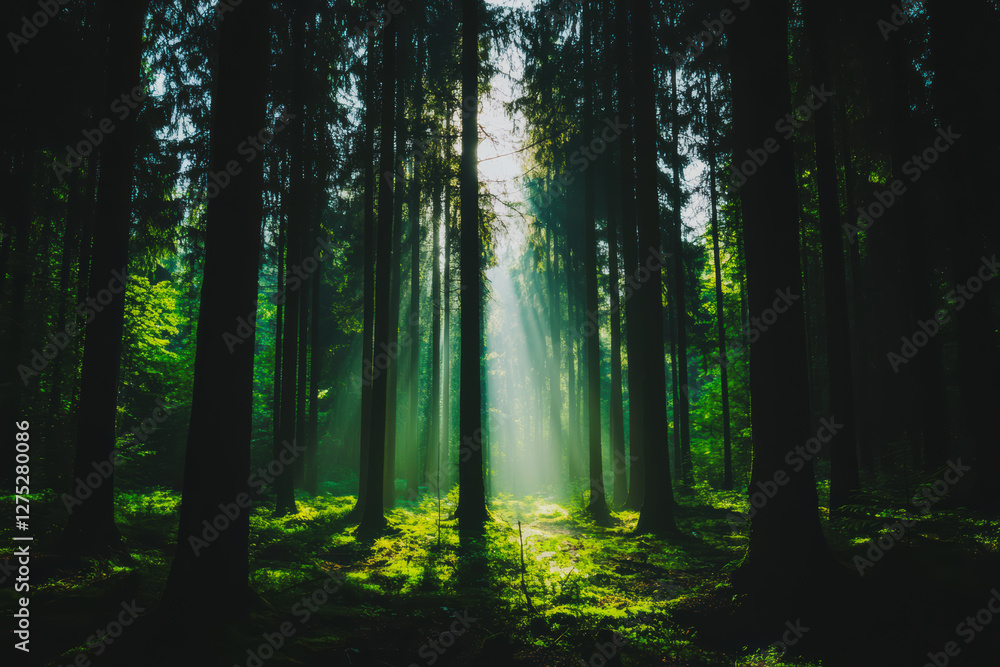 Fototapeta premium Serenity in the Forest, Tranquil forest illuminated by rays of sunlight, lush greenery and peaceful atmosphere Natures beauty unfolds