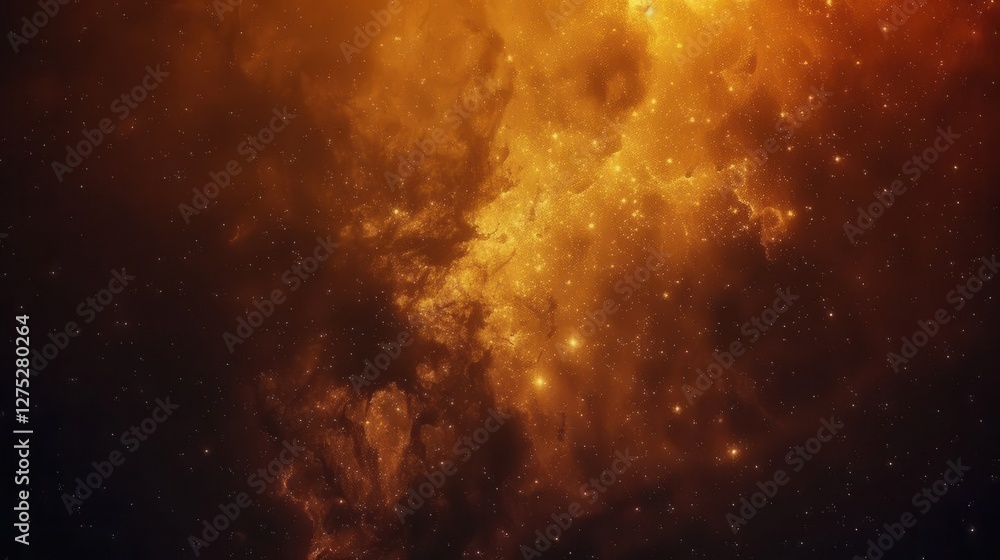 Obraz premium A vibrant cosmic scene featuring swirling golden clouds and sparkling stars, evoking a sense of wonder and the vastness of space.