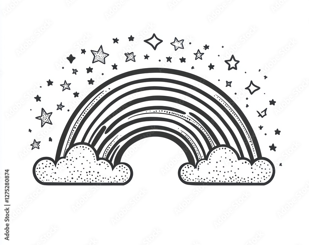 Rainbow, stars, clouds, whimsical illustration, children's book Rainbow, stars, clouds, whimsical illustration, children's book
