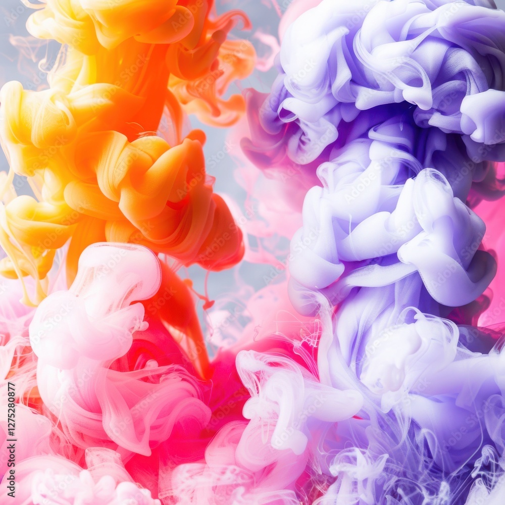 Obraz premium Vivid swirls of colorful ink blend beautifully, creating an abstract and ethereal composition with shades of pink, orange, and purple.