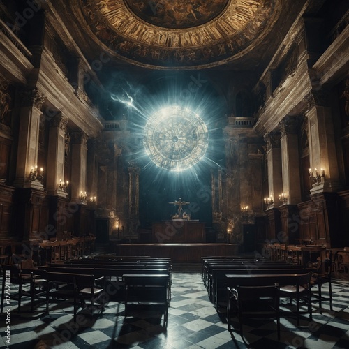 A celestial courtroom where angels and demons engage in an eternal debate.
