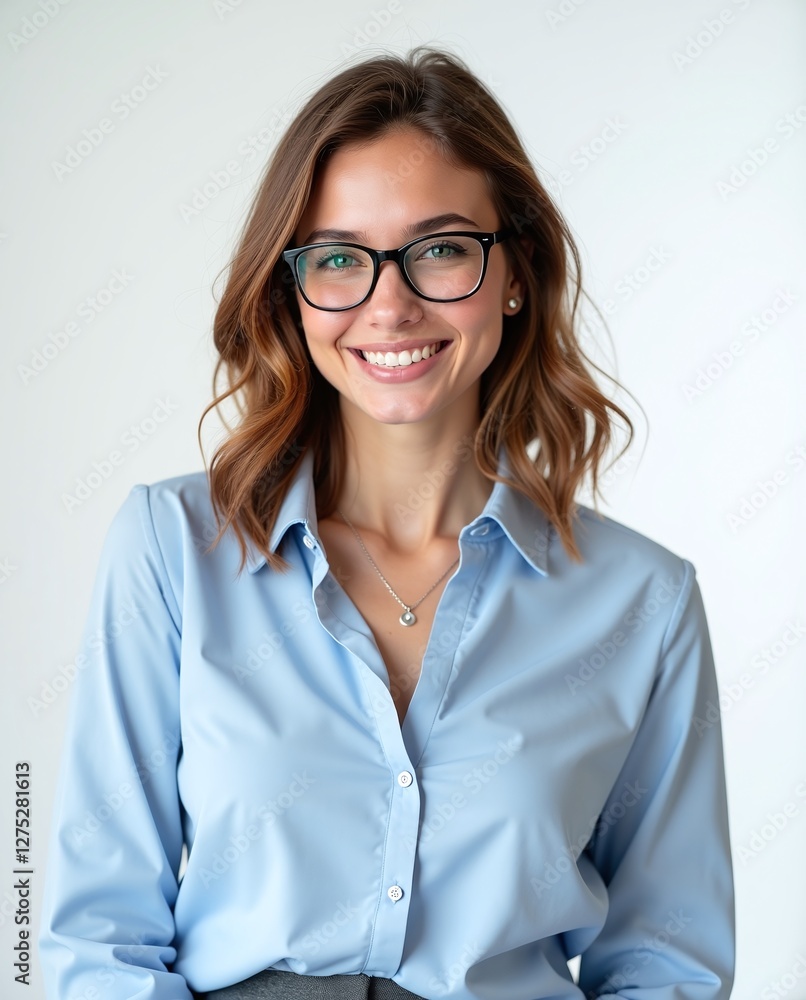 A businesswoman with a bright smile wearing a blue shirt. A businesswoman with a bright smile wearing a blue shirt.
