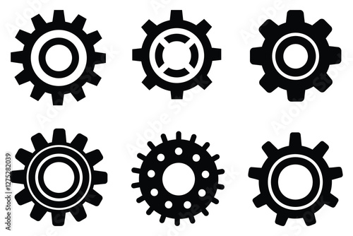 Collection of gear and cogwheel icons in black white, vector for mechanical and industrial concepts